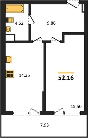 Апартаменты 1-комн. 52.16 кв. м