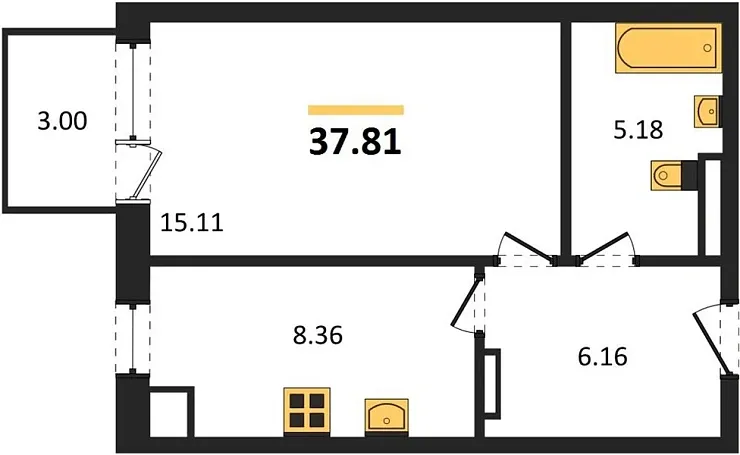 Квартира 1-комн. 37.81 кв. м
