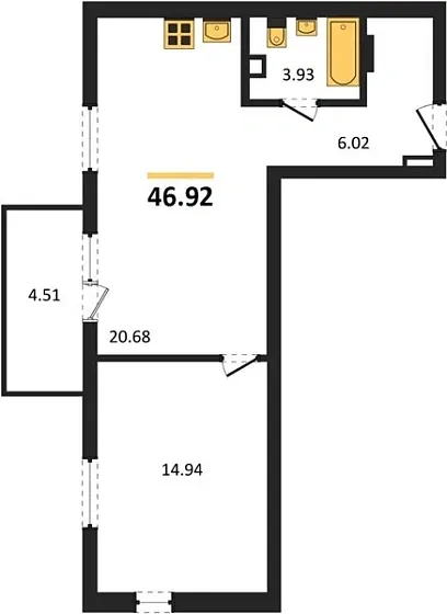 Квартира 1-комн. 46.92 кв. м