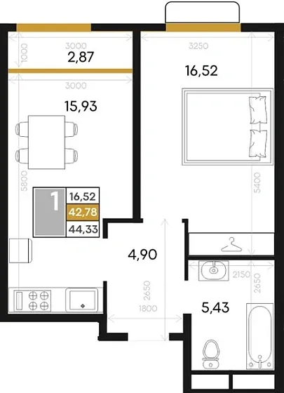 Квартира 1-комн. 44.33 кв. м