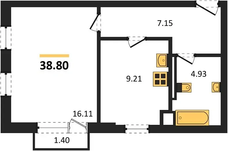 Квартира 1-комн. 38.8 кв. м