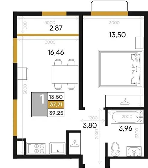 Квартира 1-комн. 39.25 кв. м