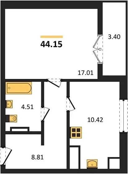 Квартира 1-комн. 44.15 кв. м