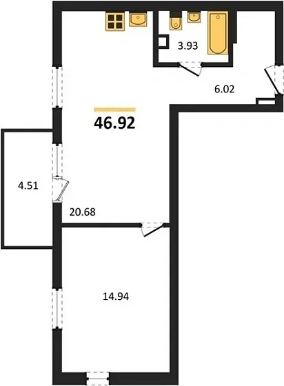 Квартира 1-комн. 46.92 кв. м