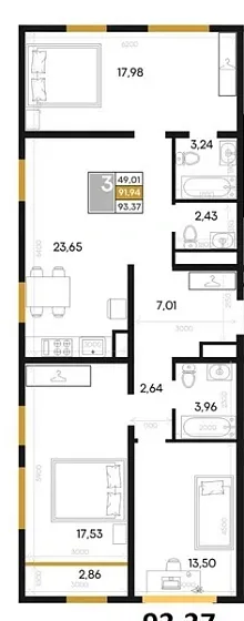 Квартира 3-комн. 93.37 кв. м