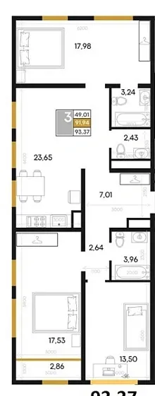 Квартира 3-комн. 93.37 кв. м