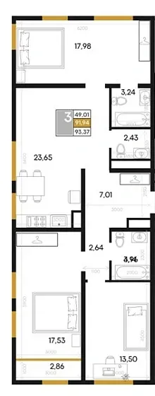 Квартира 3-комн. 93.37 кв. м