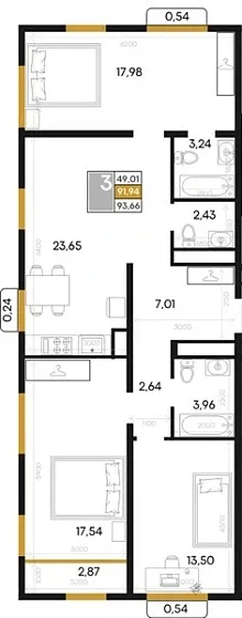 Квартира 3-комн. 93.66 кв. м