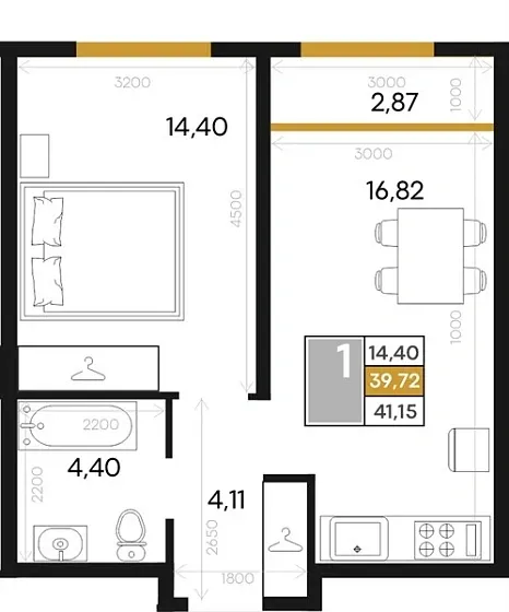 Квартира 1-комн. 41.15 кв. м
