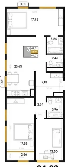 Квартира 3-комн. 94.03 кв. м