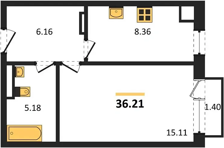 Квартира 1-комн. 36.21 кв. м