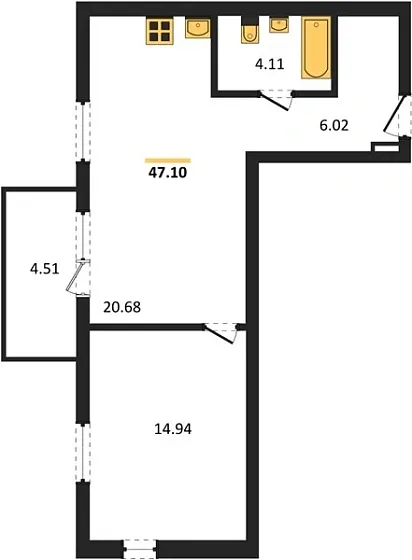 Квартира 1-комн. 46.98 кв. м