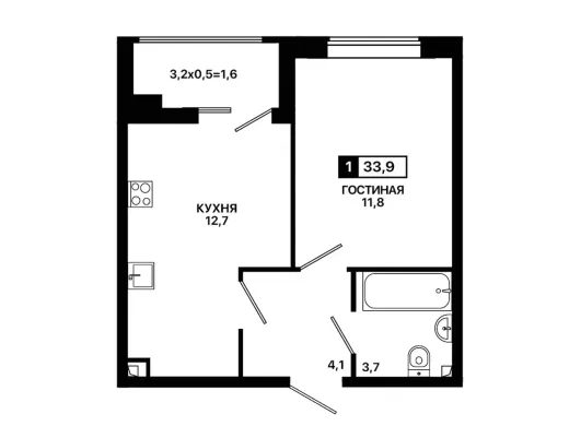 Квартира 1-комн. 33.9 кв. м