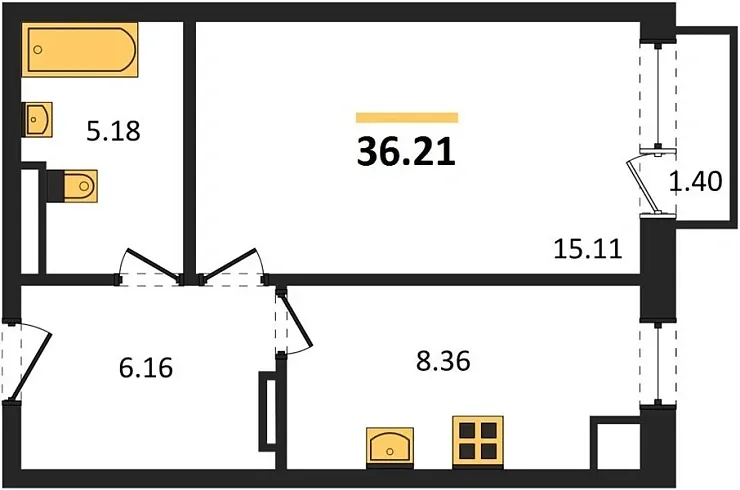 Квартира 1-комн. 36.21 кв. м