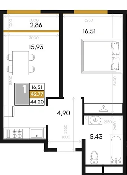 Квартира 1-комн. 44.2 кв. м