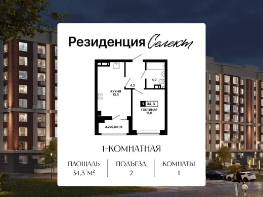 Квартира 1-комн. 34.3 кв. м