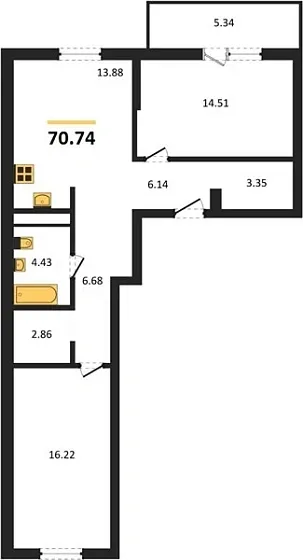 Квартира 2-комн. 70.74 кв. м