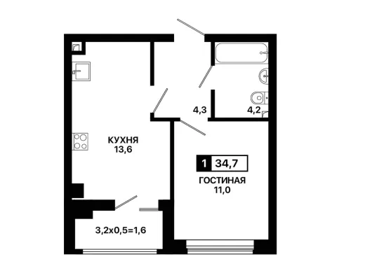 Квартира 1-комн. 34.7 кв. м