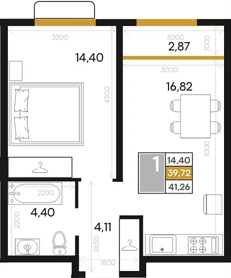 Квартира 1-комн. 41.26 кв. м