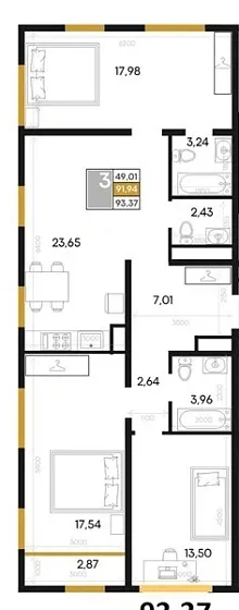 Квартира 3-комн. 93.37 кв. м