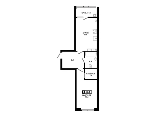 Квартира 1-комн. 45.2 кв. м