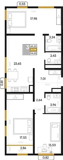 Квартира 3-комн. 94.03 кв. м
