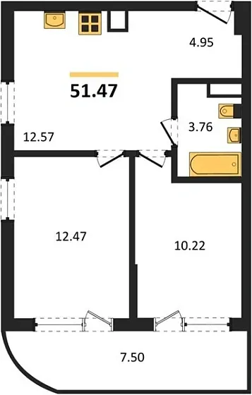 Апартаменты 2-комн. 51.47 кв. м