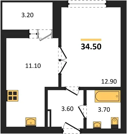 Квартира 1-комн. 34.5 кв. м